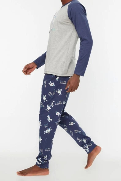 Erkek Pamuklu Bisiklet Yaka Uzun Kol Regular Fit Bisiklet Yaka Pijama Takımı - 3
