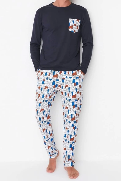 Erkek %100 Pamuk Bisiklet Yaka Uzun Kol Regular Fit Baskılı Pijama Takımı - 3