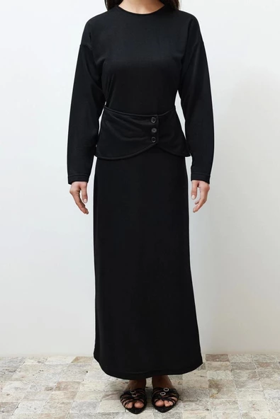 Yeni Rahat Casual Günlük 2 İplik Örme Kayık Yaka Uzun Kol Shift Uzun Boy Tesettür Elbise