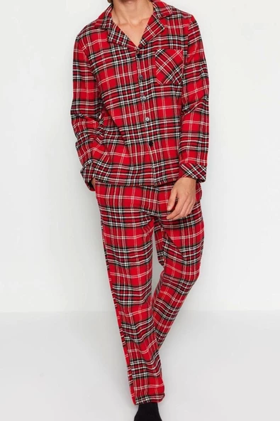Erkek Polyester Gömlek Yaka Uzun Kol Regular Fit Ekose Dokuma Pijama Takımı