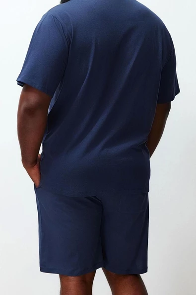 Büyük Beden Erkek Bisiklet Yaka Kısa Kol Regular Fit Rahat Slogan Baskılı Örme Şortlu Pijama Takımı - 6