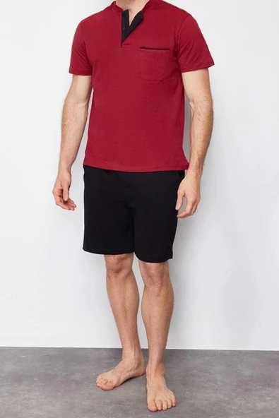Erkek %100 Pamuk Bisiklet Yaka Kısa Kol Örme Şortlu Pijama Takımı - 2