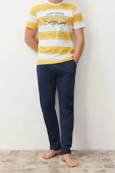 Erkek %100 Pamuk Bisiklet Yaka Kısa Kol Regular Fit Çizgili Örme Pijama Takımı