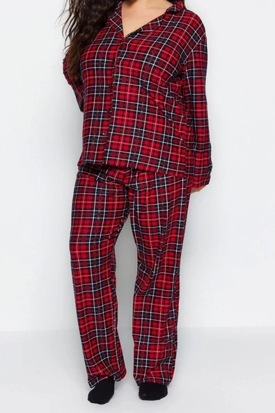 Büyük Beden Kadın Polyester Gömlek Yaka Uzun Kol Ekoseli Gömlek Yaka Yumuşak Tuşe Örme Pijama Takımı - 3