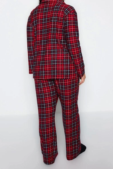 Büyük Beden Kadın Polyester Gömlek Yaka Uzun Kol Ekoseli Gömlek Yaka Yumuşak Tuşe Örme Pijama Takımı - 6