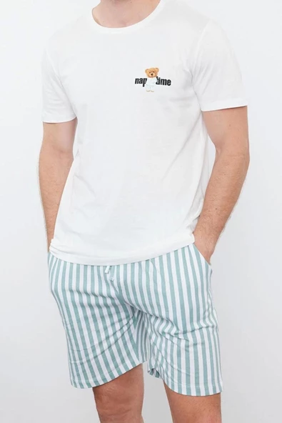 Erkek %100 Pamuk Bisiklet Yaka Kısa Kol Ekru Çizgili Regular Fit Couple Örme Şortlu Pijama Takımı - 2