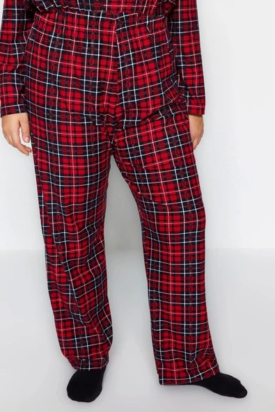 Büyük Beden Kadın Polyester Gömlek Yaka Uzun Kol Ekoseli Gömlek Yaka Yumuşak Tuşe Örme Pijama Takımı - 5