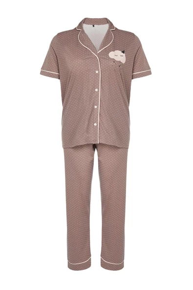 Büyük Beden Kadın Pamuk Polyester Gömlek Yaka Kısa Kol Puantiyeli Örme Pijama Takımı