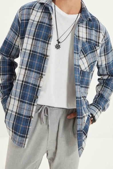 Erkek Moda Uzun Kol Dokuma Mavi Slim Fit Kışlık Kareli Ekose Oduncu Gömlek