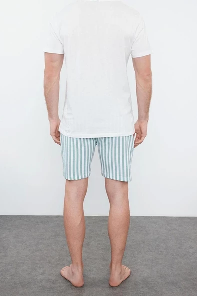 Erkek %100 Pamuk Bisiklet Yaka Kısa Kol Ekru Çizgili Regular Fit Couple Örme Şortlu Pijama Takımı - 3