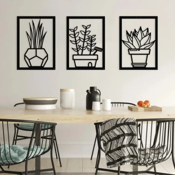 Lowenart Siyah Ahşap 3lü Saksı Çiçekler Duvar Dekoru Salon Mutfak Balkon Bahçe Için 40x80 Cm Tablo Seti - 2