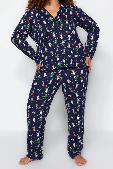 Büyük Beden Kadın Pamuk Polyester Gömlek Yaka Uzun Kol Gömlek Yaka Yılbaşı Temalı Örme Pijama Takımı - 2