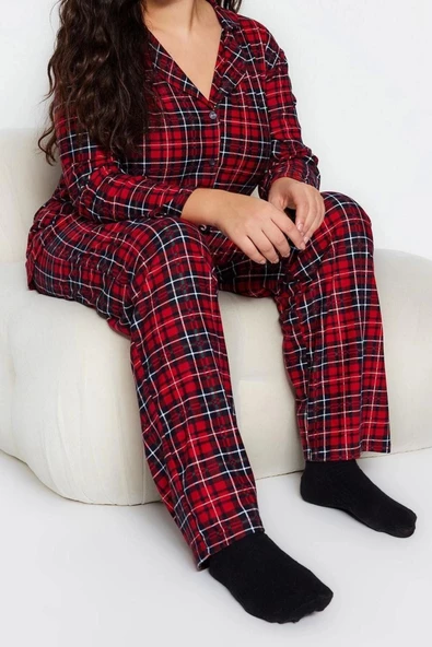 Büyük Beden Kadın Polyester Gömlek Yaka Uzun Kol Ekoseli Gömlek Yaka Yumuşak Tuşe Örme Pijama Takımı - 2