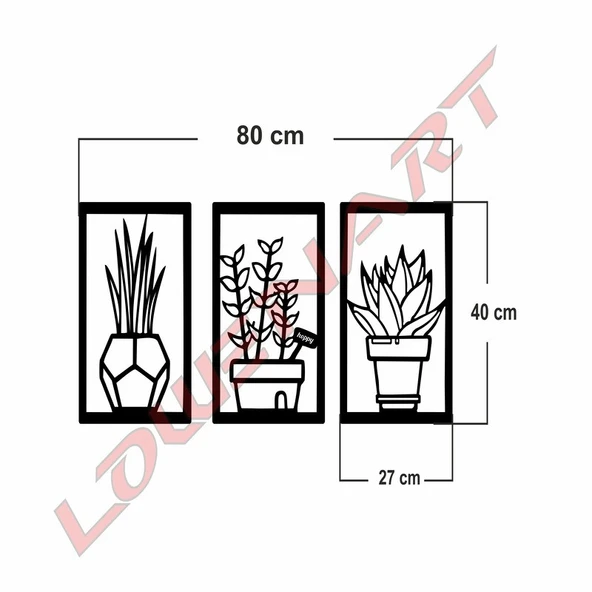 Lowenart Siyah Ahşap 3lü Saksı Çiçekler Duvar Dekoru Salon Mutfak Balkon Bahçe Için 40x80 Cm Tablo Seti - 3