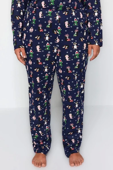 Büyük Beden Kadın Pamuk Polyester Gömlek Yaka Uzun Kol Gömlek Yaka Yılbaşı Temalı Örme Pijama Takımı - 5