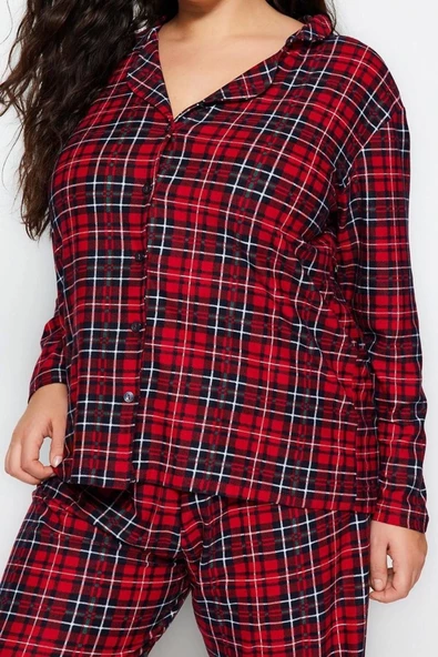 Büyük Beden Kadın Polyester Gömlek Yaka Uzun Kol Ekoseli Gömlek Yaka Yumuşak Tuşe Örme Pijama Takımı - 4