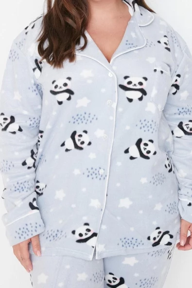 Büyük Beden Kadın Polyester Gömlek Yaka Uzun Kol Gömlek Yaka Panda Desenli Örme Pijama Takımı