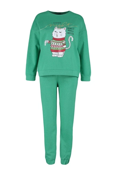 Kadın %100 Pamuk Kapüşonlu Uzun Kol 100% Pamuk Yılbaşı Temalı Örme Pijama Takımı - 6