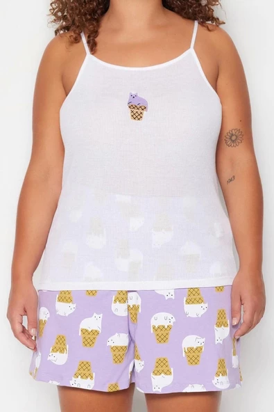 Büyük Beden Kadın Polyester Kare Yaka Askılı Kol Baskılı Askılı Örme Pijama Takımı - 3