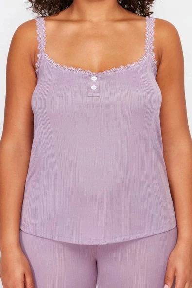 Büyük Beden Kadın Polyester Kare Yaka Askılı Kol Fitilli Askılı Örme Pijama Takımı
