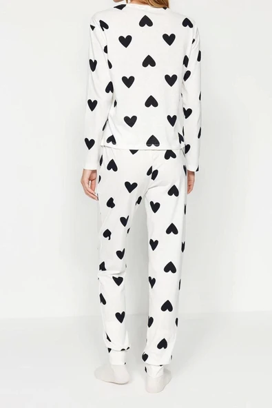 Kadın %100 Pamuk Bisiklet Yaka Uzun Kol %100 Pamuk Kalpli Tshirt-Jogger Örme Pijama Takımı - 5