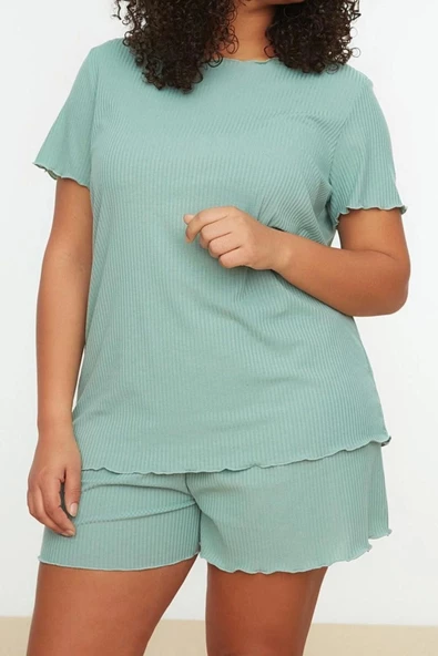 Büyük Beden Kadın Polyester Karışımlı Bisiklet Yaka Kısa Kol Örme Pijama Takımı - 3