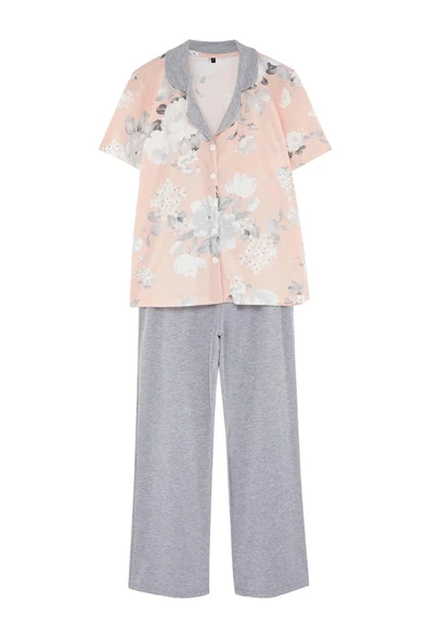Kadın %100 Pamuk Gömlek Yaka Kısa Kol 100% Pamuk Çiçek Detaylı Örme Pijama Takımı - 6