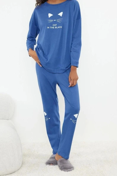 Kadın %100 Pamuk Bisiklet Yaka Uzun Kol %100 Pamuk Baskılı Örme Pijama Takımı