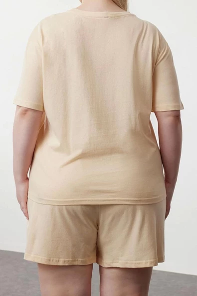Büyük Beden Kadın Pamuklu Bisiklet Yaka Kısa Kol Ayıcık Baskılı Örme Pijama Takımı - 5