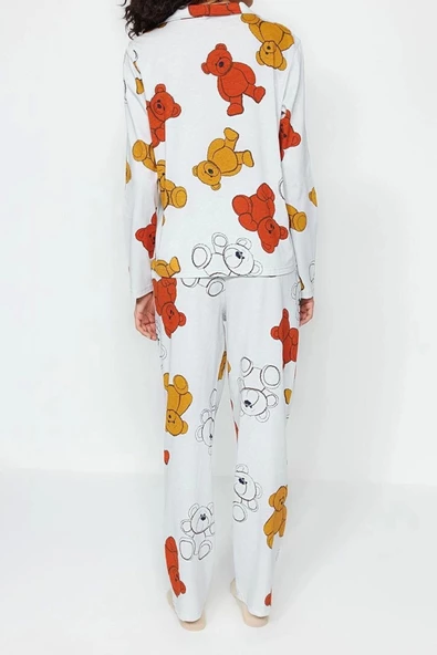 Kadın %100 Pamuk Gömlek Yaka Uzun Kol %100 Pamuk Ayıcık Desenli Gömlek-Pantolon Örme Pijama Takımı - 6