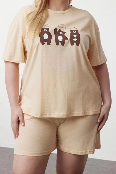 Büyük Beden Kadın Pamuklu Bisiklet Yaka Kısa Kol Ayıcık Baskılı Örme Pijama Takımı - 3