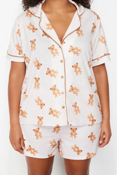 Büyük Beden Kadın Polyester Gömlek Yaka Kısa Kol Ayıcık Desenli Gömlek Yaka Örme Pijama Takımı