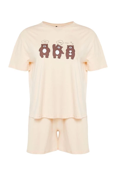 Büyük Beden Kadın Pamuklu Bisiklet Yaka Kısa Kol Ayıcık Baskılı Örme Pijama Takımı
