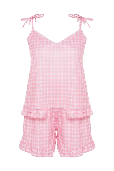 Büyük Beden Kadın Polyester V Yaka Askılı Kol Baskılı Askılı Örme Pijama Takımı