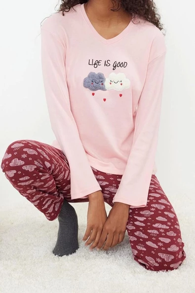 Kadın Pamuklu V Yaka Uzun Kol Pamuklu Nakışlı Örme Pijama Takımı - 2