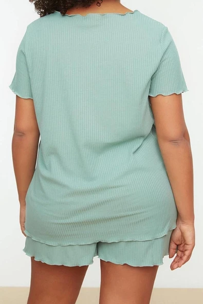 Büyük Beden Kadın Polyester Karışımlı Bisiklet Yaka Kısa Kol Örme Pijama Takımı - 5