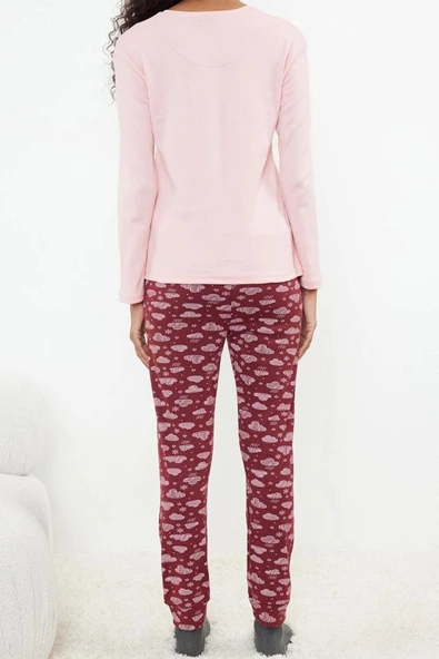 Kadın Pamuklu V Yaka Uzun Kol Pamuklu Nakışlı Örme Pijama Takımı - 5