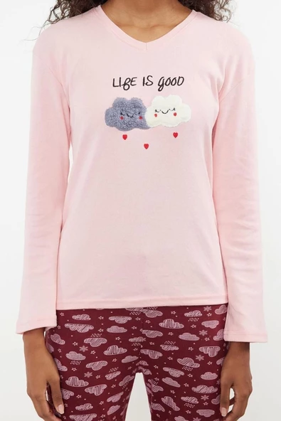 Kadın Pamuklu V Yaka Uzun Kol Pamuklu Nakışlı Örme Pijama Takımı - 3