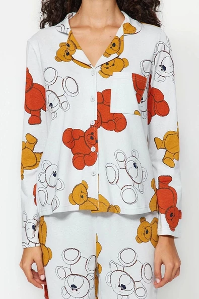 Kadın %100 Pamuk Gömlek Yaka Uzun Kol %100 Pamuk Ayıcık Desenli Gömlek-Pantolon Örme Pijama Takımı - 4