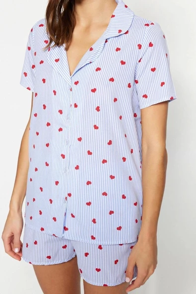 Kadın Pamuk Polyester Ceket Yaka Kısa Kol Çizgili Kalp Desenli Viskon Dokuma Pijama Takımı - 4