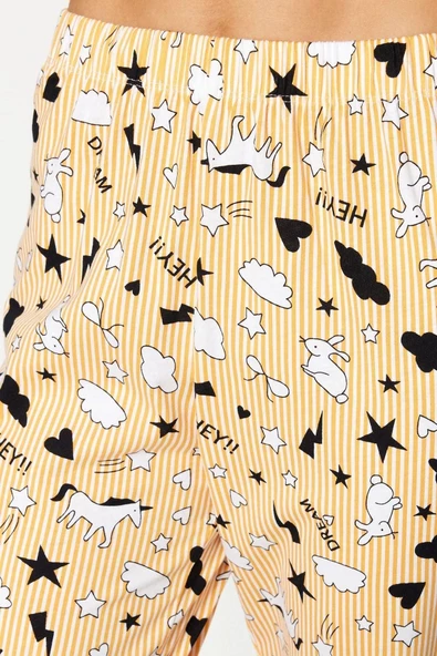 Kadın %100 Pamuk Gömlek Yaka Kısa Kol Biyeli Grafik Desenli Gömlek-Pantolon Örme Pijama Takımı - 4