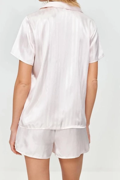 Kadın Polyester Gömlek Yaka Kısa Kol Saten Çizgili Dokuma Pijama Takımı - 3