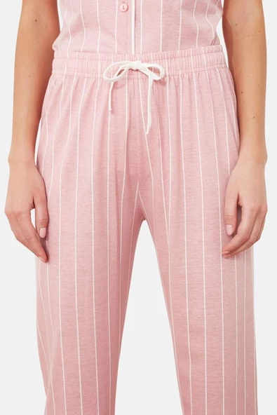 Kadın Gömlek Yaka Kısa Kol Pamuklu Çizgili Biye Detaylı Uyku Bantlı Örme Pijama Takımı - 6
