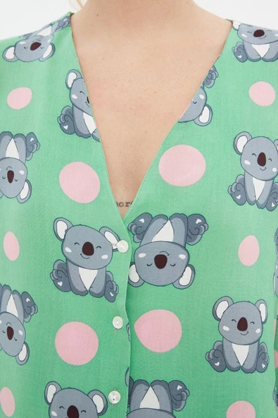 Kadın Viskon V Yaka Uzun Kol Koala Desenli Viskon Gömlek-Şort Dokuma Pijama Takımı - 4
