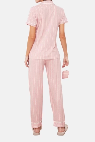 Kadın Gömlek Yaka Kısa Kol Pamuklu Çizgili Biye Detaylı Uyku Bantlı Örme Pijama Takımı - 5