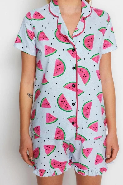 Kadın %100 Pamuk Gömlek Yaka Uzun Kol Karpuz Desenli Fırfırlı Gömlek-Şort Örme Pijama Takımı - 3