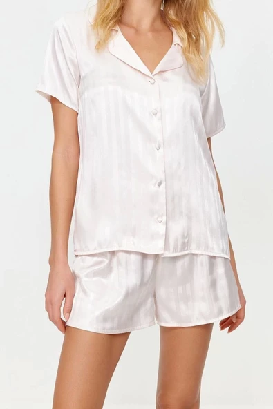 Kadın Polyester Gömlek Yaka Kısa Kol Saten Çizgili Dokuma Pijama Takımı