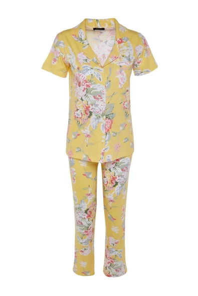 Kadın %100 Pamuk Gömlek Yaka Kısa Kol %100 Pamuk Çiçek Desenli Gömlek-Pantolon Örme Pijama Takımı - 5