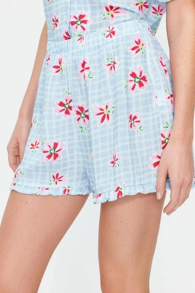 Kadın Viskon Gömlek Yaka Kısa Kol Açık Mavi Çiçek Desenli Viskon Gömlek-Şort Dokuma Pijama Takımı - 6