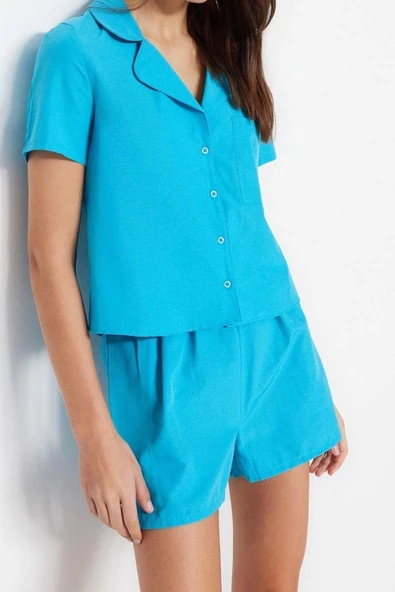 Kadın Polyester Gömlek Yaka Kısa Kol Mavi Terrycotton Gömlek-Şort Dokuma Pijama Takımı - 3